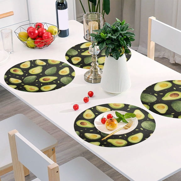 Round Grid Placemat ,One Sizex1, Round Placemat, PVC Plate Mat，15.4 Inch Non-Slip and Heat Resistant, Table Placemat, Dining Room Placemat Avocado on Black Background