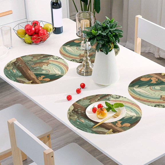 Round Grid Placemat ,One Sizex1, Round Placemat, PVC Plate Mat,15.4 Inch Non-Slip and Heat Resistant, Table Placemat, Dining Room Placemat Bear and Squirrel
