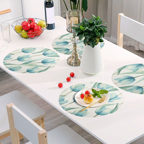 Round Grid Placemat ,One Sizex1, Round Placemat, PVC Plate Mat，15.4 Inch Non-Slip and Heat Resistant, Table Placemat, Dining Room Placemat Beautiful Blue Tulips
