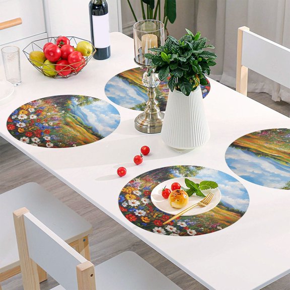 Round Grid Placemat ,One Sizex1, Round Placemat, PVC Plate Mat,15.4 Inch Non-Slip and Heat Resistant, Table Placemat, Dining Room Placemat Beautiful Flower World