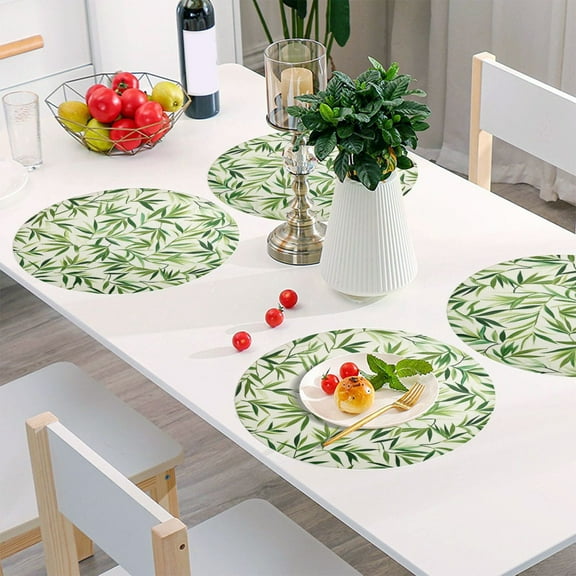Round Grid Placemat ,One Sizex1, Round Placemat, PVC Plate Mat，15.4 Inch Non-Slip and Heat Resistant, Table Placemat, Dining Room Placemat Beautiful Green Bamboo Leaves