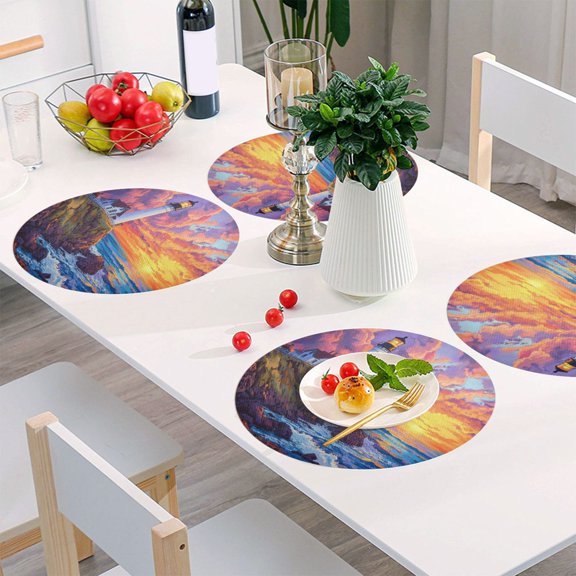 Round Grid Placemat ,One Sizex1, Round Placemat, PVC Plate Mat,15.4 Inch Non-Slip and Heat Resistant, Table Placemat, Dining Room Placemat Beautiful Lighthouse