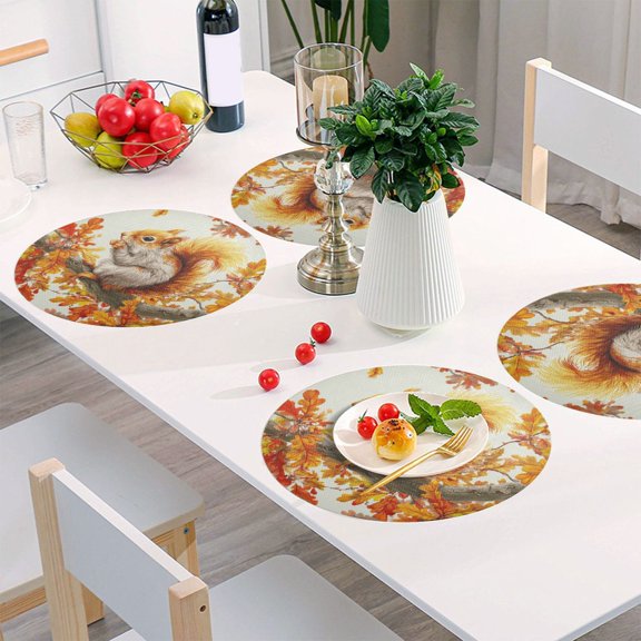 Round Grid Placemat ,One Sizex1, Round Placemat, PVC Plate Mat,15.4 Inch Non-Slip and Heat Resistant, Table Placemat, Dining Room Placemat Beautiful Orange Squirrel