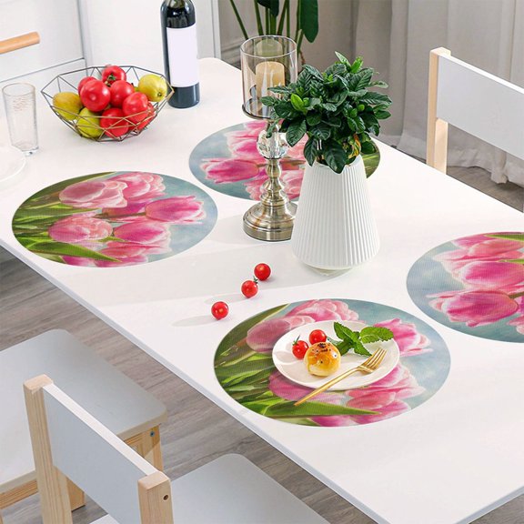 Round Grid Placemat ,One Sizex1, Round Placemat, PVC Plate Mat，15.4 Inch Non-Slip and Heat Resistant, Table Placemat, Dining Room Placemat Beautiful Pink Tulips