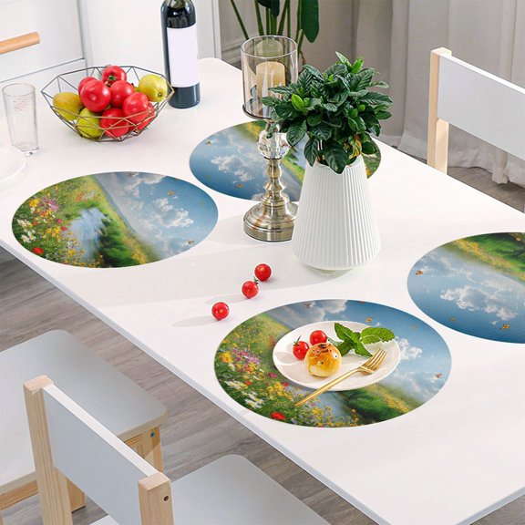 Round Grid Placemat ,One Sizex1, Round Placemat, PVC Plate Mat,15.4 Inch Non-Slip and Heat Resistant, Table Placemat, Dining Room Placemat Beautiful Spring Landscape