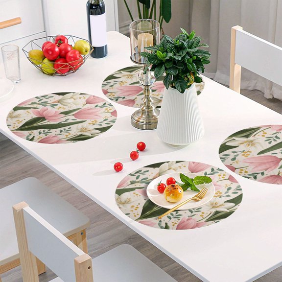 Round Grid Placemat ,One Sizex1, Round Placemat, PVC Plate Mat，15.4 Inch Non-Slip and Heat Resistant, Table Placemat, Dining Room Placemat Beautiful Tulips