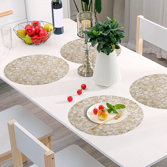 Round Grid Placemat ,One Sizex1, Round Placemat, PVC Plate Mat，15.4 Inch Non-Slip and Heat Resistant, Table Placemat, Dining Room Placemat Beige Damask Pattern White