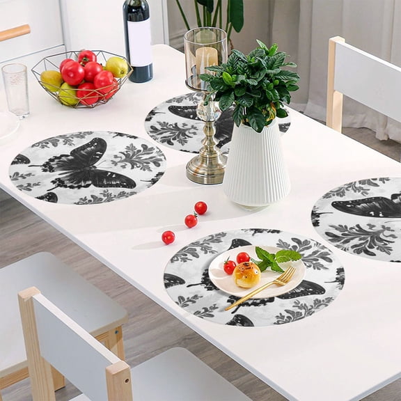 Round Grid Placemat ,One Sizex1, Round Placemat, PVC Plate Mat,15.4 Inch Non-Slip and Heat Resistant, Table Placemat, Dining Room Placemat Black Beautiful Butterfly