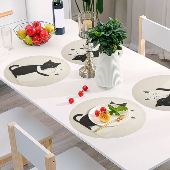 Round Grid Placemat ,One Sizex1, Round Placemat, PVC Plate Mat,15.4 Inch Non-Slip and Heat Resistant, Table Placemat, Dining Room Placemat Black Cat and White Cat