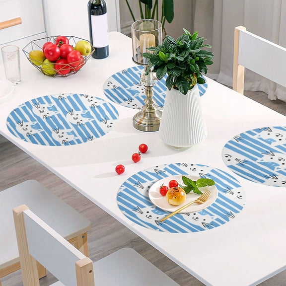 Round Grid Placemat ,One Sizex1, Round Placemat, PVC Plate Mat,15.4 Inch Non-Slip and Heat Resistant, Table Placemat, Dining Room Placemat Blue Cartoon Cat