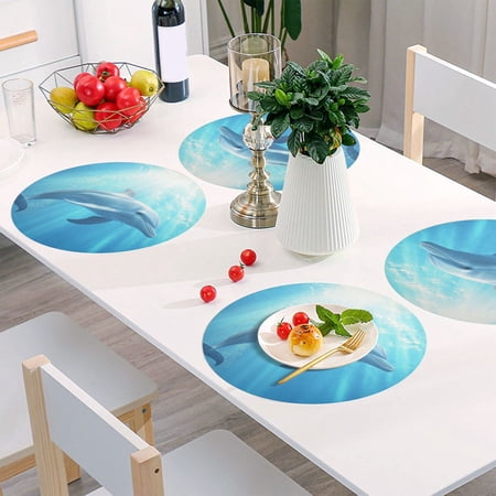 Round Grid Placemat ,One Sizex1, Round Placemat, PVC Plate Mat,15.4 Inch Non-Slip and Heat Resistant, Table Placemat, Dining Room Placemat Blue Dolphin Pattern