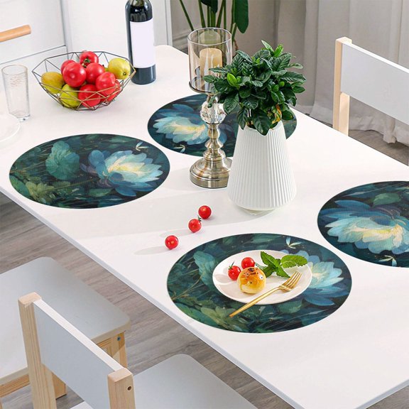 Round Grid Placemat ,One Sizex1, Round Placemat, PVC Plate Mat，15.4 Inch Non-Slip and Heat Resistant, Table Placemat, Dining Room Placemat Blue Lotus Flower Float