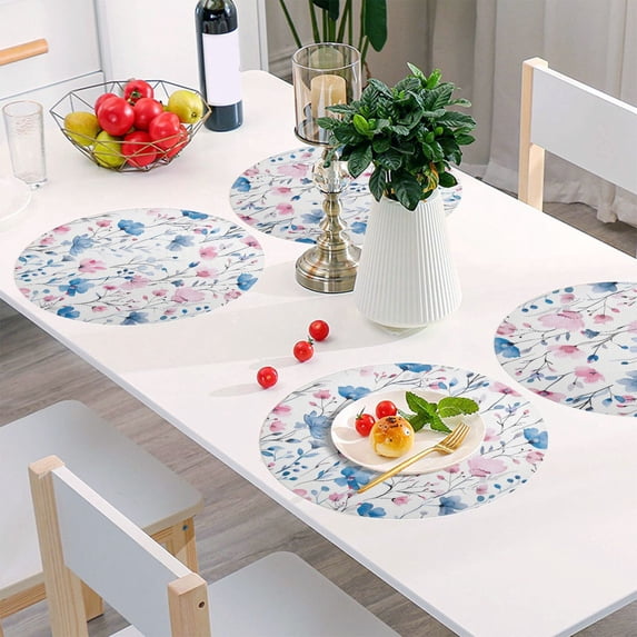 Round Grid Placemat ,One Sizex1, Round Placemat, PVC Plate Mat,15.4 Inch Non-Slip and Heat Resistant, Table Placemat, Dining Room Placemat Blue Pink Flowers