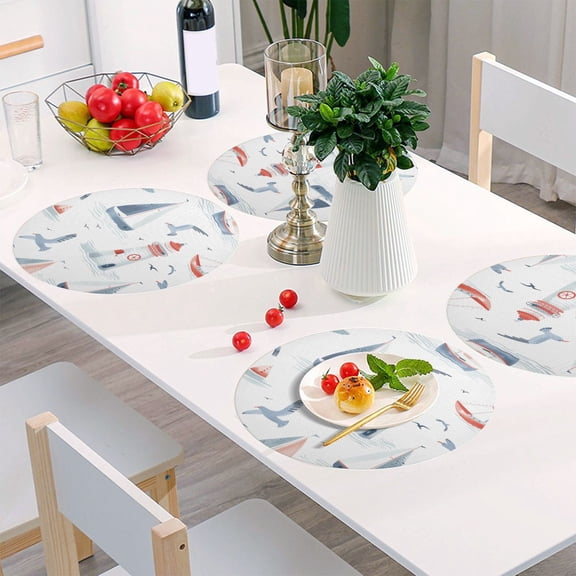 Round Grid Placemat ,One Sizex1, Round Placemat, PVC Plate Mat,15.4 Inch Non-Slip and Heat Resistant, Table Placemat, Dining Room Placemat Blue Sailing Lighthouse