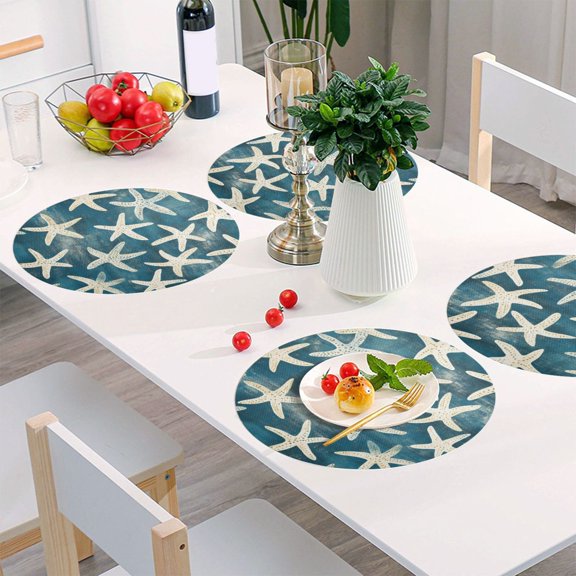 Round Grid Placemat ,One Sizex1, Round Placemat, PVC Plate Mat,15.4 Inch Non-Slip and Heat Resistant, Table Placemat, Dining Room Placemat Blue Starfish