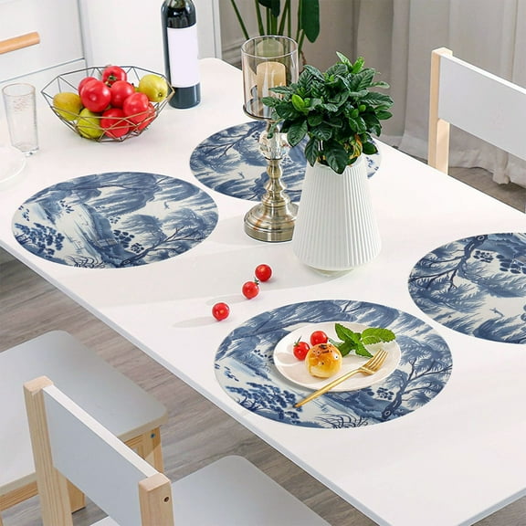 Round Grid Placemat ,One Sizex1, Round Placemat, PVC Plate Mat，15.4 Inch Non-Slip and Heat Resistant, Table Placemat, Dining Room Placemat Blue Willow