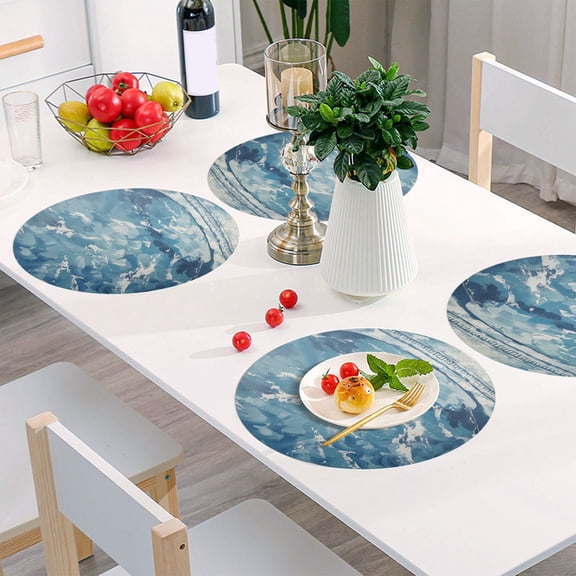Round Grid Placemat ,One Sizex1, Round Placemat, PVC Plate Mat，15.4 Inch Non-Slip and Heat Resistant, Table Placemat, Dining Room Placemat Cartoon Blue Bridge