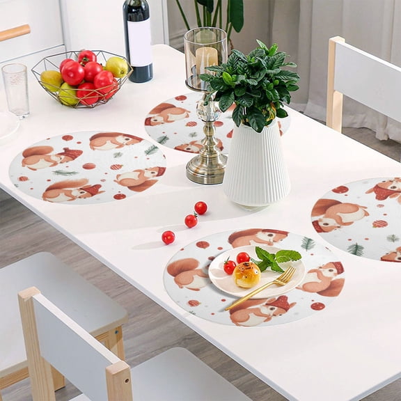 Round Grid Placemat ,One Sizex1, Round Placemat, PVC Plate Mat,15.4 Inch Non-Slip and Heat Resistant, Table Placemat, Dining Room Placemat Cartoon Christmas Squirrel