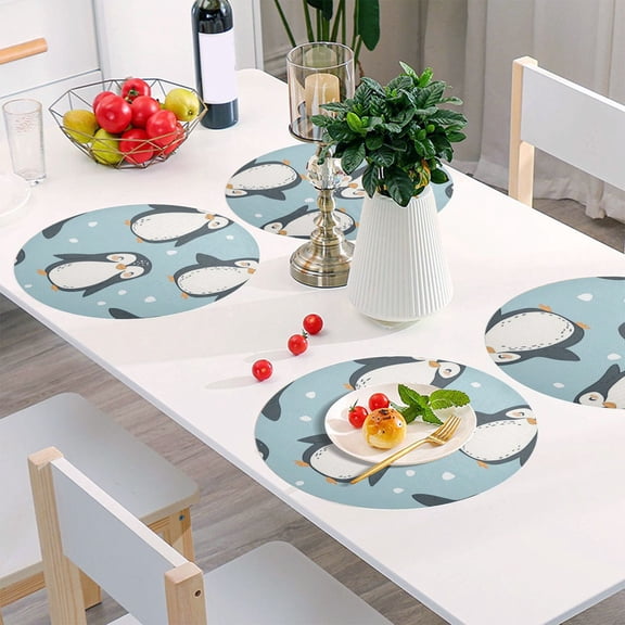 Round Grid Placemat ,One Sizex1, Round Placemat, PVC Plate Mat，15.4 Inch Non-Slip and Heat Resistant, Table Placemat, Dining Room Placemat Cartoon Cute Little Penguin
