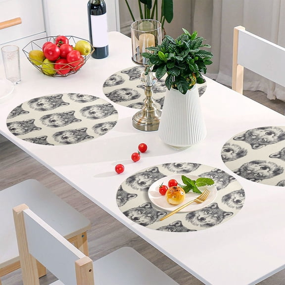 Round Grid Placemat ,One Sizex1, Round Placemat, PVC Plate Mat,15.4 Inch Non-Slip and Heat Resistant, Table Placemat, Dining Room Placemat Cartoon Cute Wolf Face
