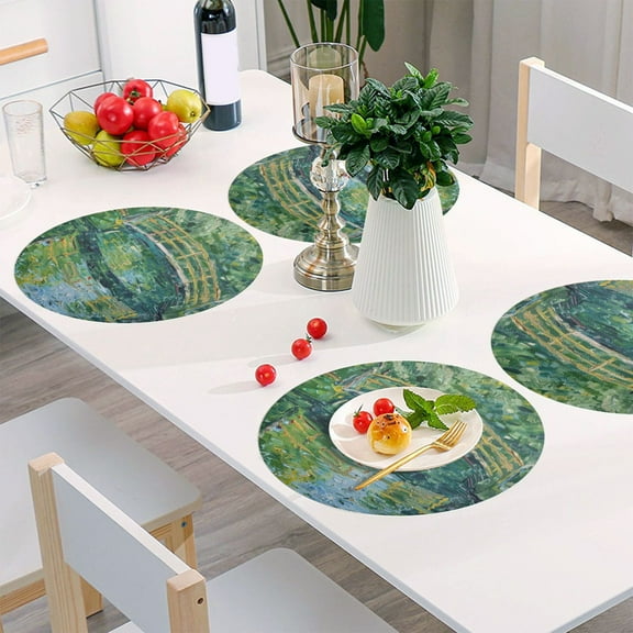 Round Grid Placemat ,One Sizex1, Round Placemat, PVC Plate Mat，15.4 Inch Non-Slip and Heat Resistant, Table Placemat, Dining Room Placemat Cartoon Green Bridge