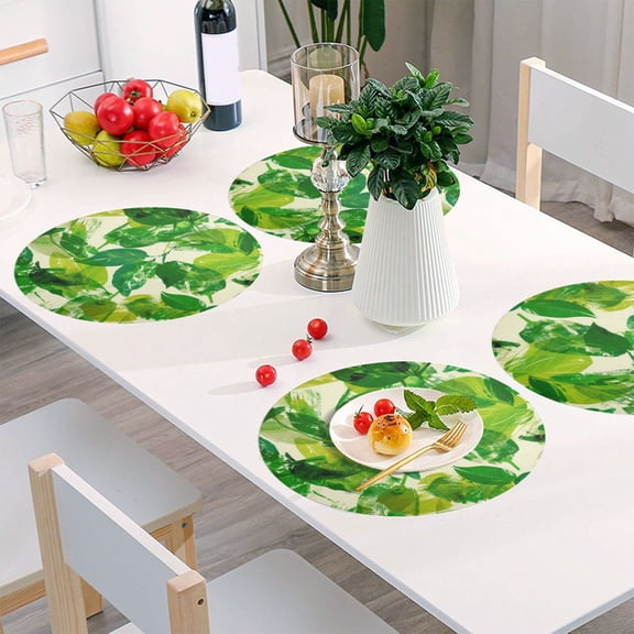 Round Grid Placemat ,One Sizex1, Round Placemat, PVC Plate Mat,15.4 Inch Non-Slip and Heat Resistant, Table Placemat, Dining Room Placemat Cartoon Green Leaves Seamless