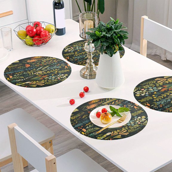 Round Grid Placemat ,One Sizex1, Round Placemat, PVC Plate Mat,15.4 Inch Non-Slip and Heat Resistant, Table Placemat, Dining Room Placemat Cartoon Green Leaves