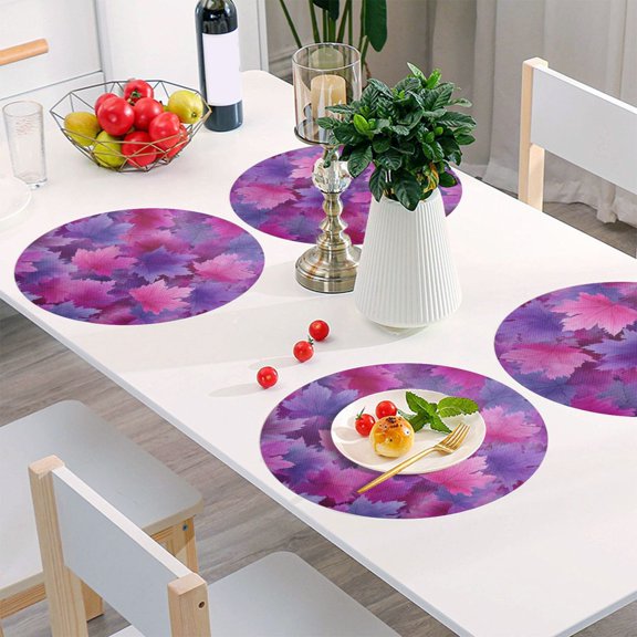 Round Grid Placemat ,One Sizex1, Round Placemat, PVC Plate Mat,15.4 Inch Non-Slip and Heat Resistant, Table Placemat, Dining Room Placemat Cartoon Purple Maple Leaves