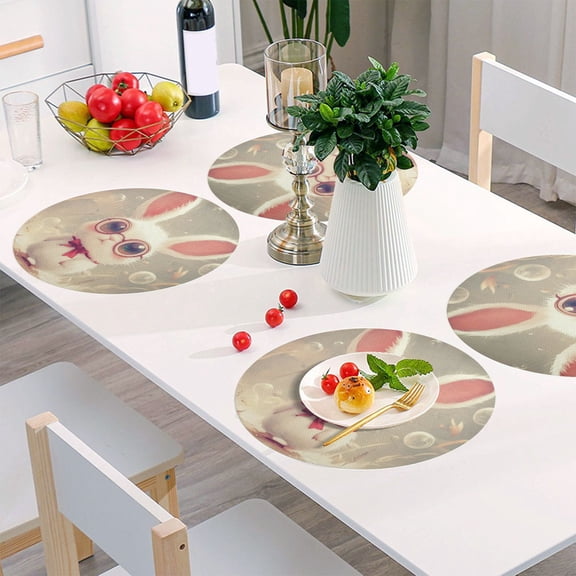 Round Grid Placemat ,One Sizex1, Round Placemat, PVC Plate Mat，15.4 Inch Non-Slip and Heat Resistant, Table Placemat, Dining Room Placemat Cartoon Rabbit with Glasses