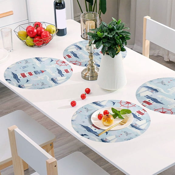 Round Grid Placemat ,One Sizex1, Round Placemat, PVC Plate Mat,15.4 Inch Non-Slip and Heat Resistant, Table Placemat, Dining Room Placemat Cartoon Red Lighthouse