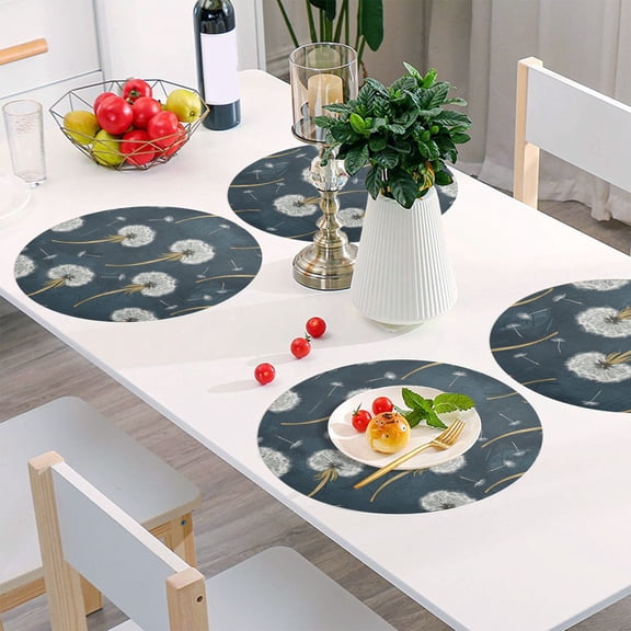 Round Grid Placemat ,One Sizex1, Round Placemat, PVC Plate Mat,15.4 Inch Non-Slip and Heat Resistant, Table Placemat, Dining Room Placemat Cartoon White Dandelion