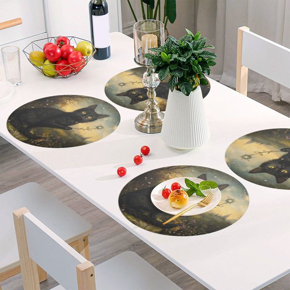 Round Grid Placemat ,One Sizex1, Round Placemat, PVC Plate Mat,15.4 Inch Non-Slip and Heat Resistant, Table Placemat, Dining Room Placemat Cartoon Wizard Cat