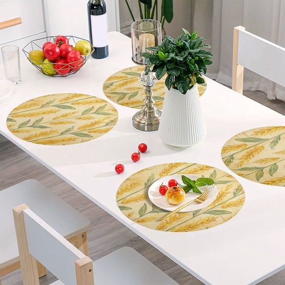Round Grid Placemat ,One Sizex1, Round Placemat, PVC Plate Mat,15.4 Inch Non-Slip and Heat Resistant, Table Placemat, Dining Room Placemat Cartoon Yellow Wheat Seamless