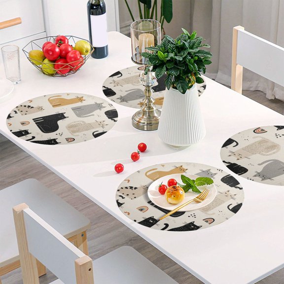 Round Grid Placemat ,One Sizex1, Round Placemat, PVC Plate Mat,15.4 Inch Non-Slip and Heat Resistant, Table Placemat, Dining Room Placemat Cat Silhouette Pattern