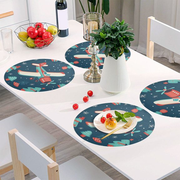 Round Grid Placemat ,One Sizex1, Round Placemat, PVC Plate Mat,15.4 Inch Non-Slip and Heat Resistant, Table Placemat, Dining Room Placemat Christmas Plane