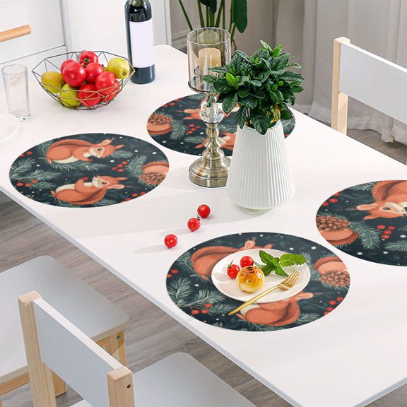 Round Grid Placemat ,One Sizex1, Round Placemat, PVC Plate Mat,15.4 Inch Non-Slip and Heat Resistant, Table Placemat, Dining Room Placemat Christmas Pretty Squirrel