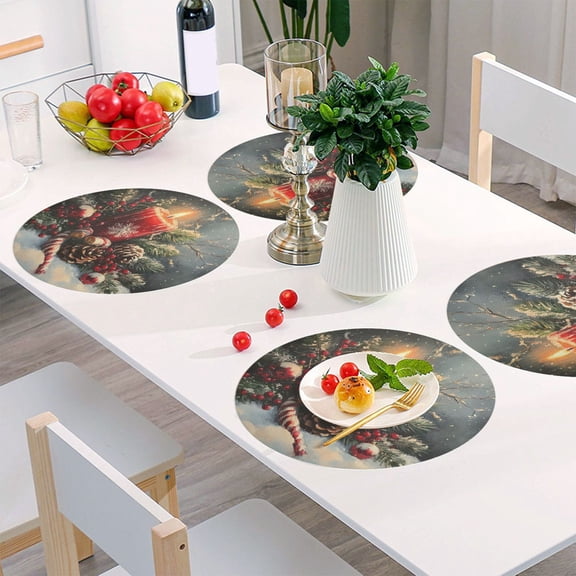Round Grid Placemat ,One Sizex1, Round Placemat, PVC Plate Mat，15.4 Inch Non-Slip and Heat Resistant, Table Placemat, Dining Room Placemat Christmas Red Candle Picture