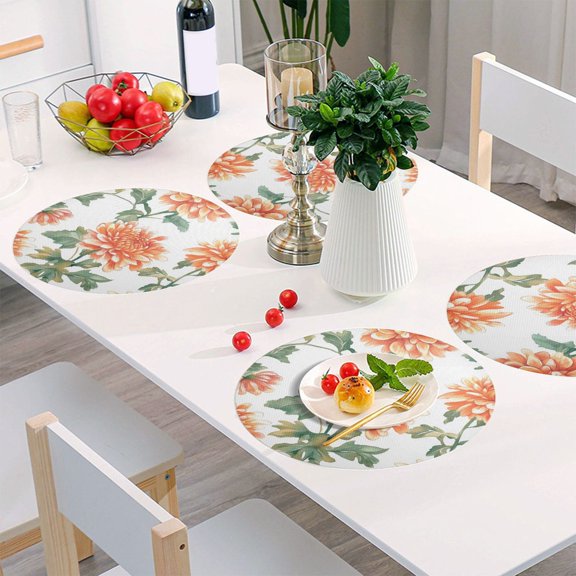 Round Grid Placemat ,One Sizex1, Round Placemat, PVC Plate Mat,15.4 Inch Non-Slip and Heat Resistant, Table Placemat, Dining Room Placemat Chrysanthemums Orange