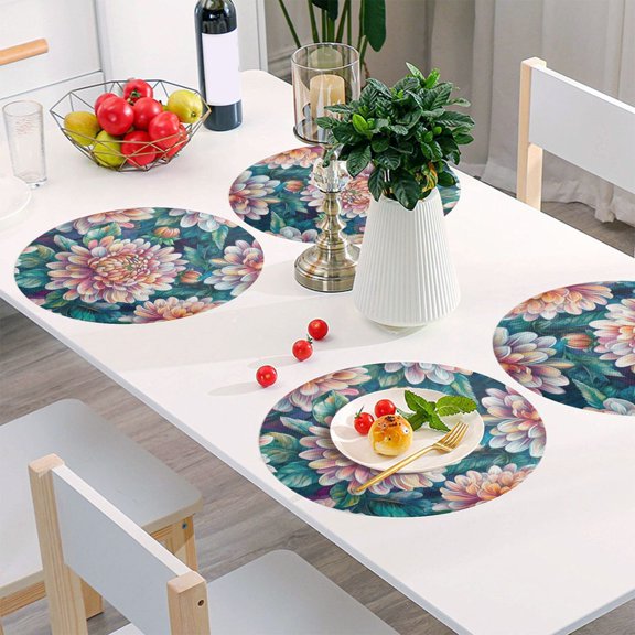 Round Grid Placemat ,One Sizex1, Round Placemat, PVC Plate Mat，15.4 Inch Non-Slip and Heat Resistant, Table Placemat, Dining Room Placemat Chrysanthemums