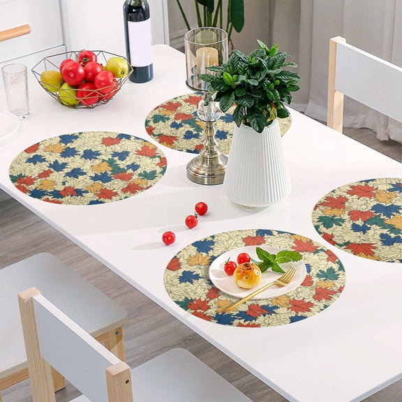 Round Grid Placemat ,One Sizex1, Round Placemat, PVC Plate Mat，15.4 Inch Non-Slip and Heat Resistant, Table Placemat, Dining Room Placemat Colorful Cartoon Maple Leaf