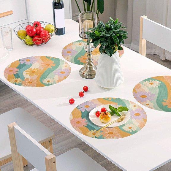 Round Grid Placemat ,One Sizex1, Round Placemat, PVC Plate Mat，15.4 Inch Non-Slip and Heat Resistant, Table Placemat, Dining Room Placemat Colorful Chrysanthemums Seamless