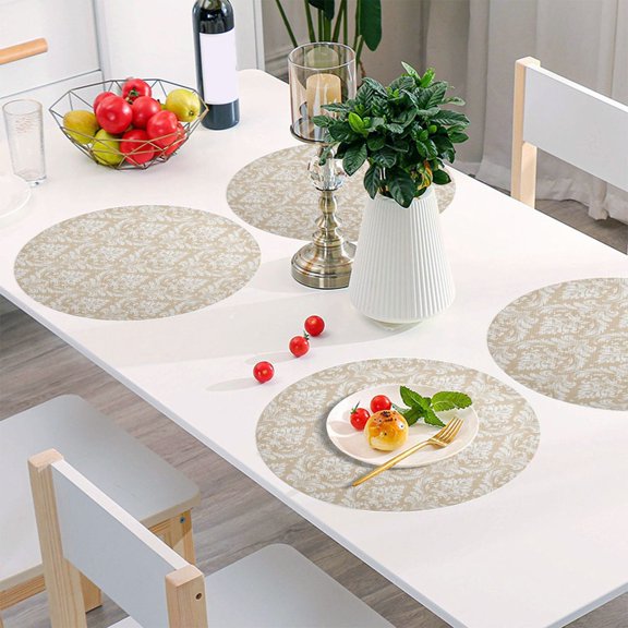 Round Grid Placemat ,One Sizex1, Round Placemat, PVC Plate Mat，15.4 Inch Non-Slip and Heat Resistant, Table Placemat, Dining Room Placemat Cream Damask Timeless Motif