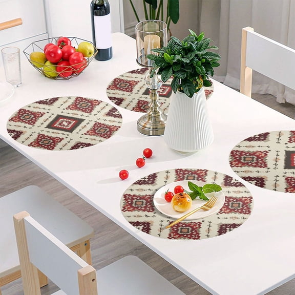Round Grid Placemat ,One Sizex1, Round Placemat, PVC Plate Mat,15.4 Inch Non-Slip and Heat Resistant, Table Placemat, Dining Room Placemat Crimson Diamond Ivory Border