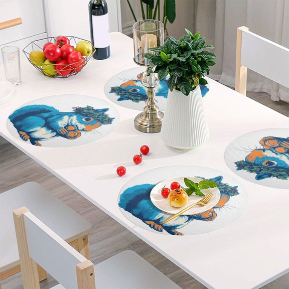 Round Grid Placemat ,One Sizex1, Round Placemat, PVC Plate Mat,15.4 Inch Non-Slip and Heat Resistant, Table Placemat, Dining Room Placemat Cute Blue Squirrel