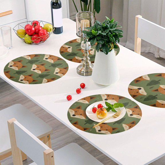 Round Grid Placemat ,One Sizex1, Round Placemat, PVC Plate Mat，15.4 Inch Non-Slip and Heat Resistant, Table Placemat, Dining Room Placemat Cute Foxes Orange Forest
