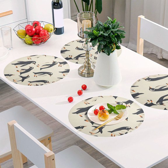 Round Grid Placemat ,One Sizex1, Round Placemat, PVC Plate Mat，15.4 Inch Non-Slip and Heat Resistant, Table Placemat, Dining Room Placemat Cute Penguin