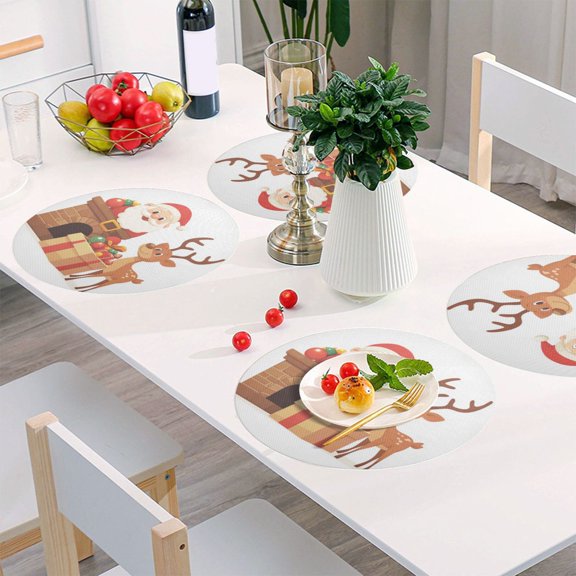 Round Grid Placemat ,One Sizex1, Round Placemat, PVC Plate Mat，15.4 Inch Non-Slip and Heat Resistant, Table Placemat, Dining Room Placemat Cute Santa Picture