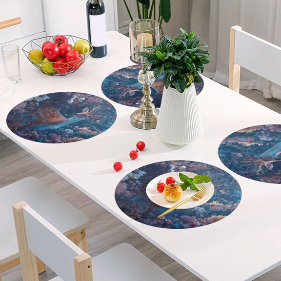 Round Grid Placemat ,One Sizex1, Round Placemat, PVC Plate Mat，15.4 Inch Non-Slip and Heat Resistant, Table Placemat, Dining Room Placemat Deer with White Spots