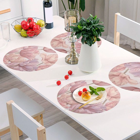 Round Grid Placemat ,One Sizex1, Round Placemat, PVC Plate Mat，15.4 Inch Non-Slip and Heat Resistant, Table Placemat, Dining Room Placemat Elegant Pink Tulip Bloom