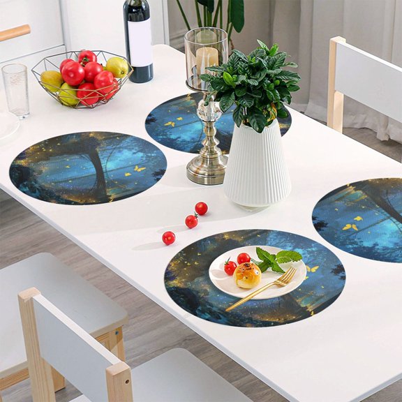 Round Grid Placemat ,One Sizex1, Round Placemat, PVC Plate Mat，15.4 Inch Non-Slip and Heat Resistant, Table Placemat, Dining Room Placemat Enchanted Forest Glowing Bridge